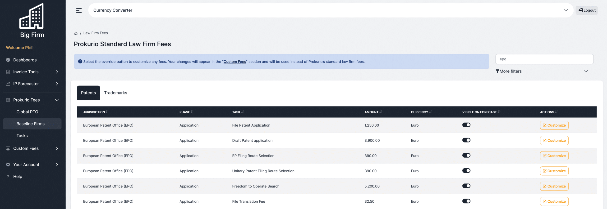Quickly Customize Prokurio Law Firm Fees